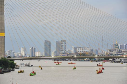 BANGKOK, THAILAND – 10  SEPTEMBER 2019 : The training of the Royal Barges Procession, the last royal ceremony of the Royal Coronation Ceremony Of King Rama X.