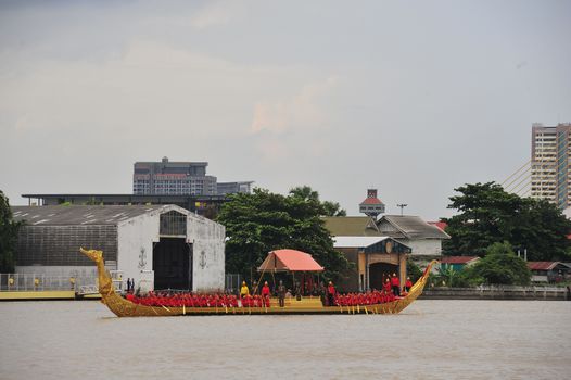 BANGKOK, THAILAND – 10  SEPTEMBER 2019 : The training of the Royal Barges Procession, the last royal ceremony of the Royal Coronation Ceremony Of King Rama X.