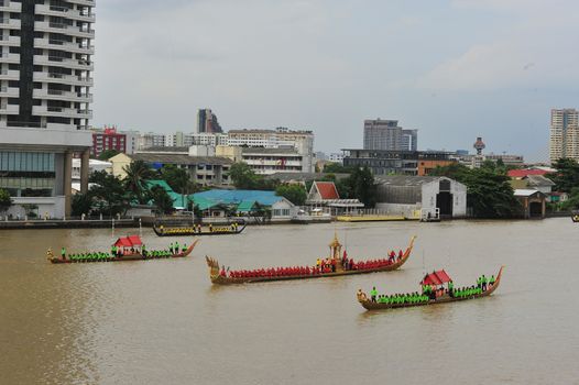 BANGKOK, THAILAND – 10  SEPTEMBER 2019 : The training of the Royal Barges Procession, the last royal ceremony of the Royal Coronation Ceremony Of King Rama X.