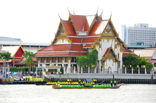 BANGKOK, THAILAND – 10  SEPTEMBER 2019 : The training of the Royal Barges Procession, the last royal ceremony of the Royal Coronation Ceremony Of King Rama X.