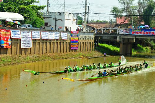 PHETCHABUN, THAILAND – 29  SEPTEMBER 2019 : water flow boat racing Festival as part of the Um Phra Dam Nam Ceremony Festival at Wat Traipoom
