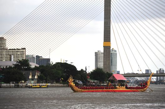 BANGKOK, THAILAND – 10  SEPTEMBER 2019 : The training of the Royal Barges Procession, the last royal ceremony of the Royal Coronation Ceremony Of King Rama X.