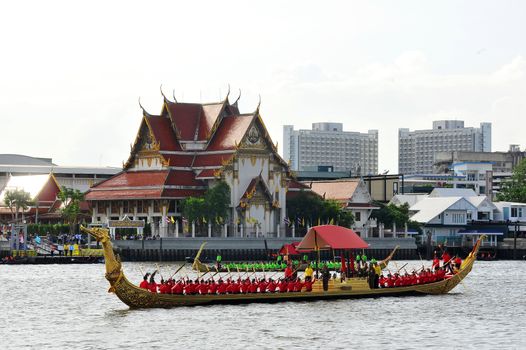BANGKOK, THAILAND – 10  SEPTEMBER 2019 : The training of the Royal Barges Procession, the last royal ceremony of the Royal Coronation Ceremony Of King Rama X.