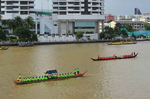 BANGKOK, THAILAND – 10  SEPTEMBER 2019 : The training of the Royal Barges Procession, the last royal ceremony of the Royal Coronation Ceremony Of King Rama X.