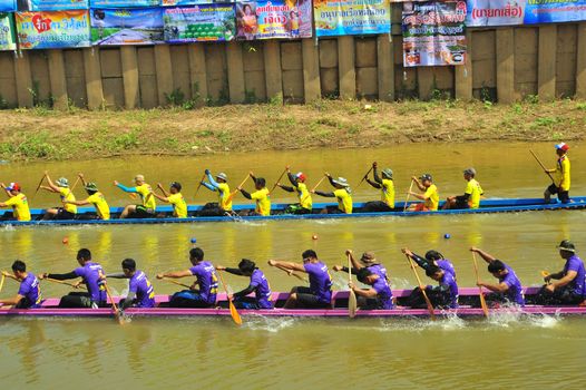 PHETCHABUN, THAILAND – 29  SEPTEMBER 2019 : water flow boat racing Festival as part of the Um Phra Dam Nam Ceremony Festival at Wat Traipoom