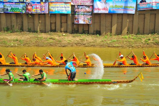 PHETCHABUN, THAILAND – 29  SEPTEMBER 2019 : water flow boat racing Festival as part of the Um Phra Dam Nam Ceremony Festival at Wat Traipoom