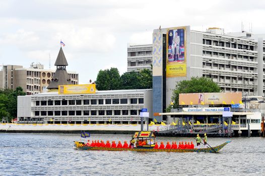 BANGKOK, THAILAND –  17 OCTOBER 2019 : Big training of the Royal Barges Procession, the last royal ceremony of the Royal Coronation Ceremony Of King Rama X. 