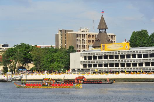 BANGKOK, THAILAND –  17 OCTOBER 2019 : Big training of the Royal Barges Procession, the last royal ceremony of the Royal Coronation Ceremony Of King Rama X. 