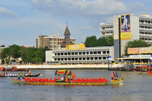 BANGKOK, THAILAND –  17 OCTOBER 2019 : Big training of the Royal Barges Procession, the last royal ceremony of the Royal Coronation Ceremony Of King Rama X.