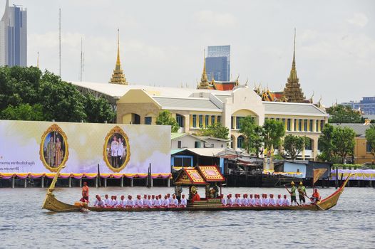 BANGKOK, THAILAND –  17 OCTOBER 2019 : Big training of the Royal Barges Procession, the last royal ceremony of the Royal Coronation Ceremony Of King Rama X.