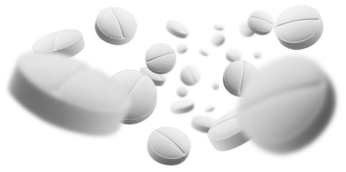 White round tablets levitate on a white background.