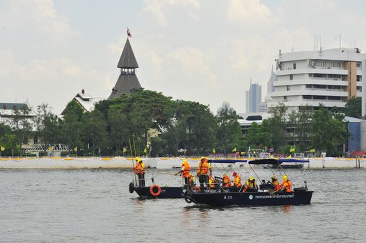 BANGKOK, THAILAND –  21 OCTOBER 2019 : The Canal System Division  Department of Drainage & Sewerage boat  are collecting waste and Aquatic Weed  in  Chao Phraya River