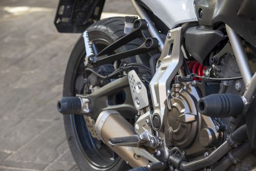 details of a parked touring motorcycle ready to travel