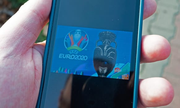 October 22, 2019. London, United Kingdom. Logo of the 2020 European Football Championship on the screen of a mobile phone.