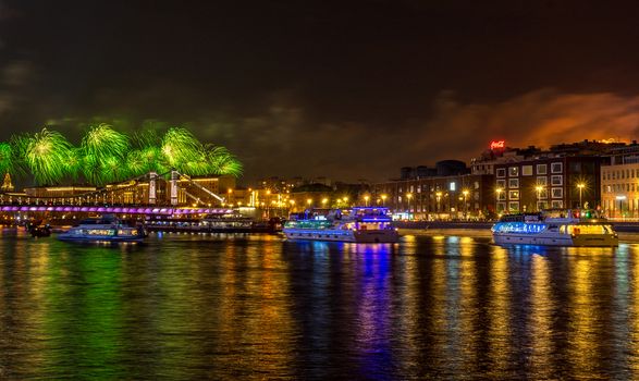 May 9, 2019 View of the festive fireworks over the Moscow River in honor of Victory Day in Moscow.