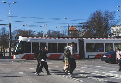 20 April 2019 Tallinn, Estonia. Low-floor tram on one of the streets of the city.