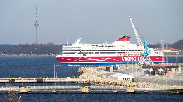 20 April 2019, Tallinn, Estonia. High-speed 10-deck passenger and car ferry of the Finnish shipping concern Viking Line Viking XPRS in the port of Tallinn.