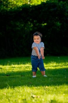 Baby girl walking on the lawn in the park.