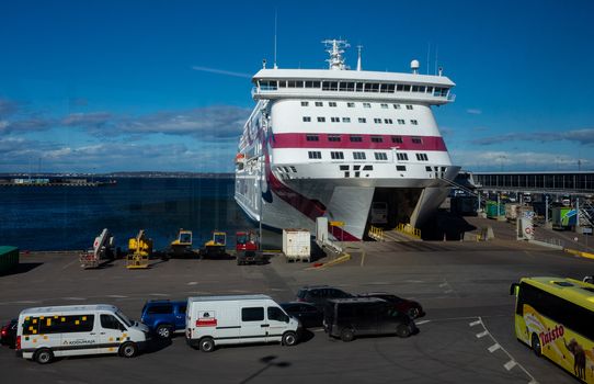 23 April 2019, Tallinn, Estonia. Passenger buss calls in high-speed passenger and car ferry of the Estonian shipping concern Tallink Baltic Queen in the port of Tallinn.