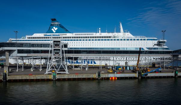 23 April 2019, Tallinn, Estonia. High-speed passenger and car ferry of the Estonian shipping concern Tallink Silja Europa in the port of Tallinn.
