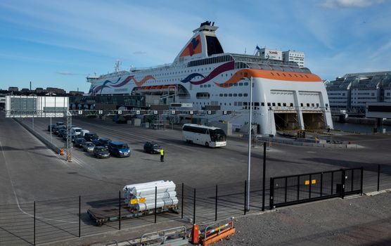 23 April 2019, Tallinn, Estonia. High-speed passenger and car ferry of the Estonian shipping concern Tallink Baltic Queen in the port of Tallinn.