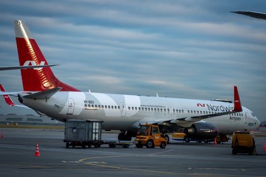 October 29, 2019, Moscow, Russia. Plane 
Boeing 737-900ER Nordwind Airlines at Sheremetyevo airport in Moscow.