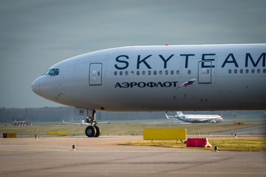 October 29, 2019, Moscow, Russia. Plane 
Boeing 777-300 Aeroflot - Russian Airlines in livery of the international aviation alliance SkyTeam at Sheremetyevo airport in Moscow.