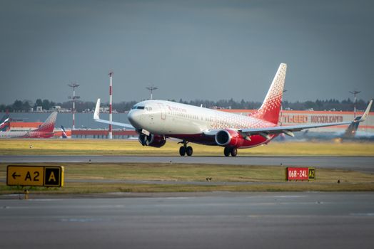 October 29, 2019, Moscow, Russia. Plane 
Boeing 737-800 Rossiya - Russian Airlines at Sheremetyevo airport in Moscow.