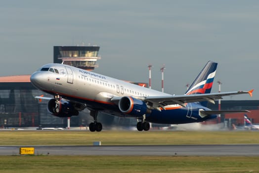 October 29, 2019, Moscow, Russia. Plane 
Airbus A320-200 Aeroflot - Russian Airlines at Sheremetyevo airport in Moscow.