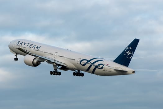 October 29, 2019, Moscow, Russia. Plane 
Boeing 777-300 Aeroflot - Russian Airlines in livery of the international aviation alliance SkyTeam at Sheremetyevo airport in Moscow.