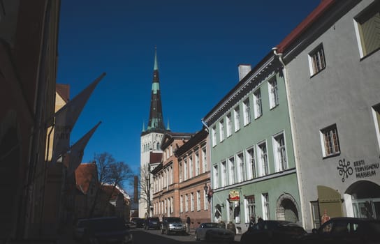 April 21, 2018, Tallinn, Estonia. St. Olaf's Church and Street of the old town in Tallinn.