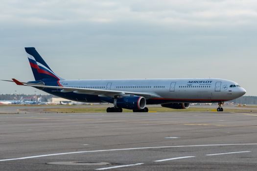 October 29, 2019, Moscow, Russia. Plane 
Airbus A330-300 Aeroflot - Russian Airlines at Sheremetyevo airport in Moscow.