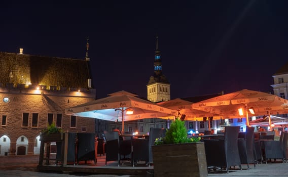 April 20, 2018 Tallinn, Estonia, Street cafes in the Central square of the Old city.