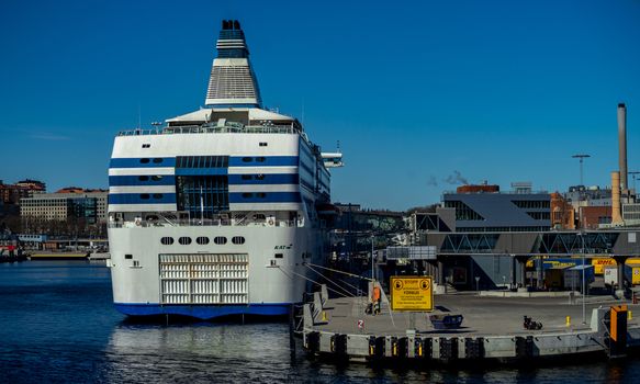 22 April 2019, Stockholm, Sweden. High-speed passenger and car ferry of the Estonian shipping concern Tallink Silja Europa in the port Vartahamnen in Stockholm.