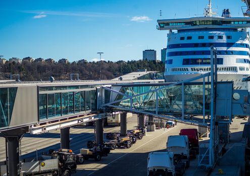 22 April 2019, Stockholm, Sweden. High-speed passenger and car ferry of the Estonian shipping concern Tallink Silja Europa in the port Vartahamnen in Stockholm.