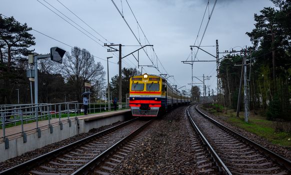 April 25, 2018 Jurmala, Latvia. Suburban train at the railway station in Jurmala.