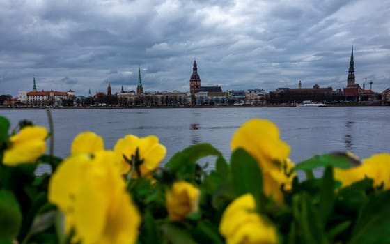 April 24, 2018 Riga, Latvia. View of the Old Town in Riga from the opposite bank of the Daugava River.