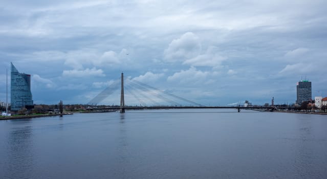 April 24, 2018 Riga, Latvia. Cable-stayed cable bridge over the Daugava River in Riga.