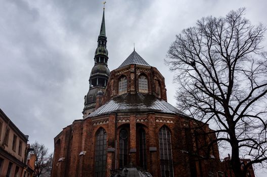 April 25, 2018 Riga, Latvia. St. Peter's Church in Riga in cloudy weather.