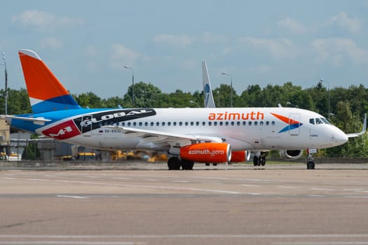 July 2, 2019, Moscow, Russia. Airplane Sukhoi Superjet 100 Azimuth Airlines at Vnukovo airport in Moscow.