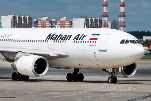 July 2, 2019, Moscow, Russia. Airplane Airbus A310-300 Mahan Airlines at Vnukovo airport in Moscow.