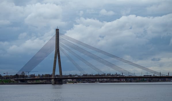 April 24, 2018 Riga, Latvia. Cable-stayed cable bridge over the Daugava River in Riga.