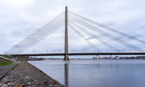 April 24, 2018 Riga, Latvia. Cable-stayed cable bridge over the Daugava River in Riga.