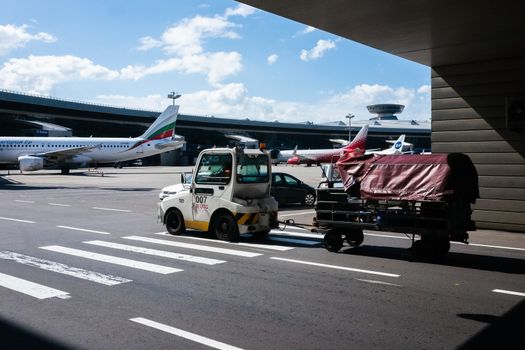 July 2, 2019 Moscow, Russia. Small airplane tractor at Vnukovo airport