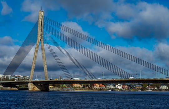April 24, 2018 Riga, Latvia. Cable-stayed cable bridge over the Daugava River in Riga.