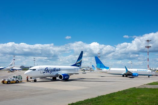 July 2, 2019, Moscow, Russia. Airplane Boeing 737-700 I Yakutia Airlines at Vnukovo airport in Moscow.