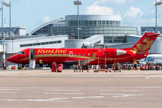 July 2, 2019, Moscow, Russia. Airplane Bombardier CRJ-100 Rusline airline at Vnukovo airport in Moscow.