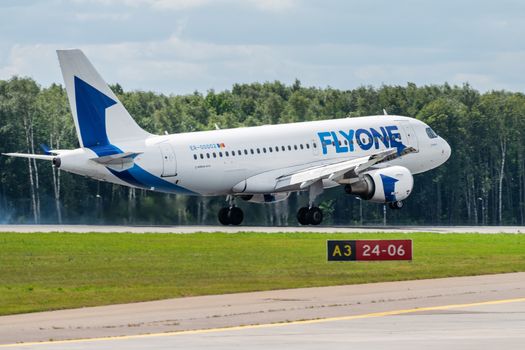 July 2, 2019, Moscow, Russia. Airplane Airbus A319-100 Fly One Airlines at Vnukovo airport in Moscow.