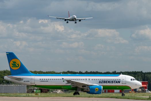 July 2, 2019, Moscow, Russia. Airplane Airbus A320-200  Uzbekistan Airways at Vnukovo airport in Moscow.