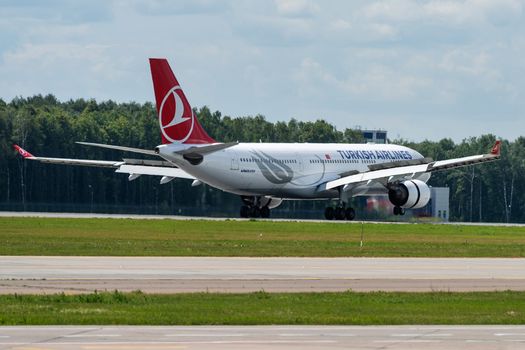 July 2, 2019, Moscow, Russia. Airplane Airbus A330-200 Turkish Airlines at Vnukovo airport in Moscow.